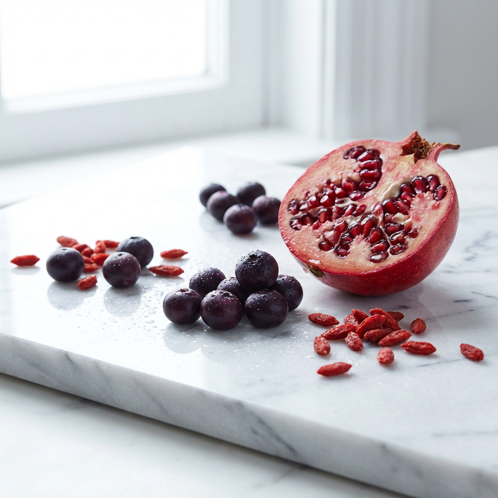 Half-cut pomegranate with dark berries and red seeds on a marble surface.